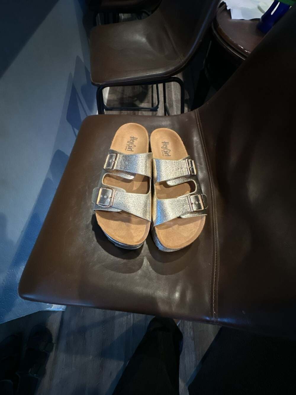 Hey Girl Metallic Gold Double Buckle Slide Sandals